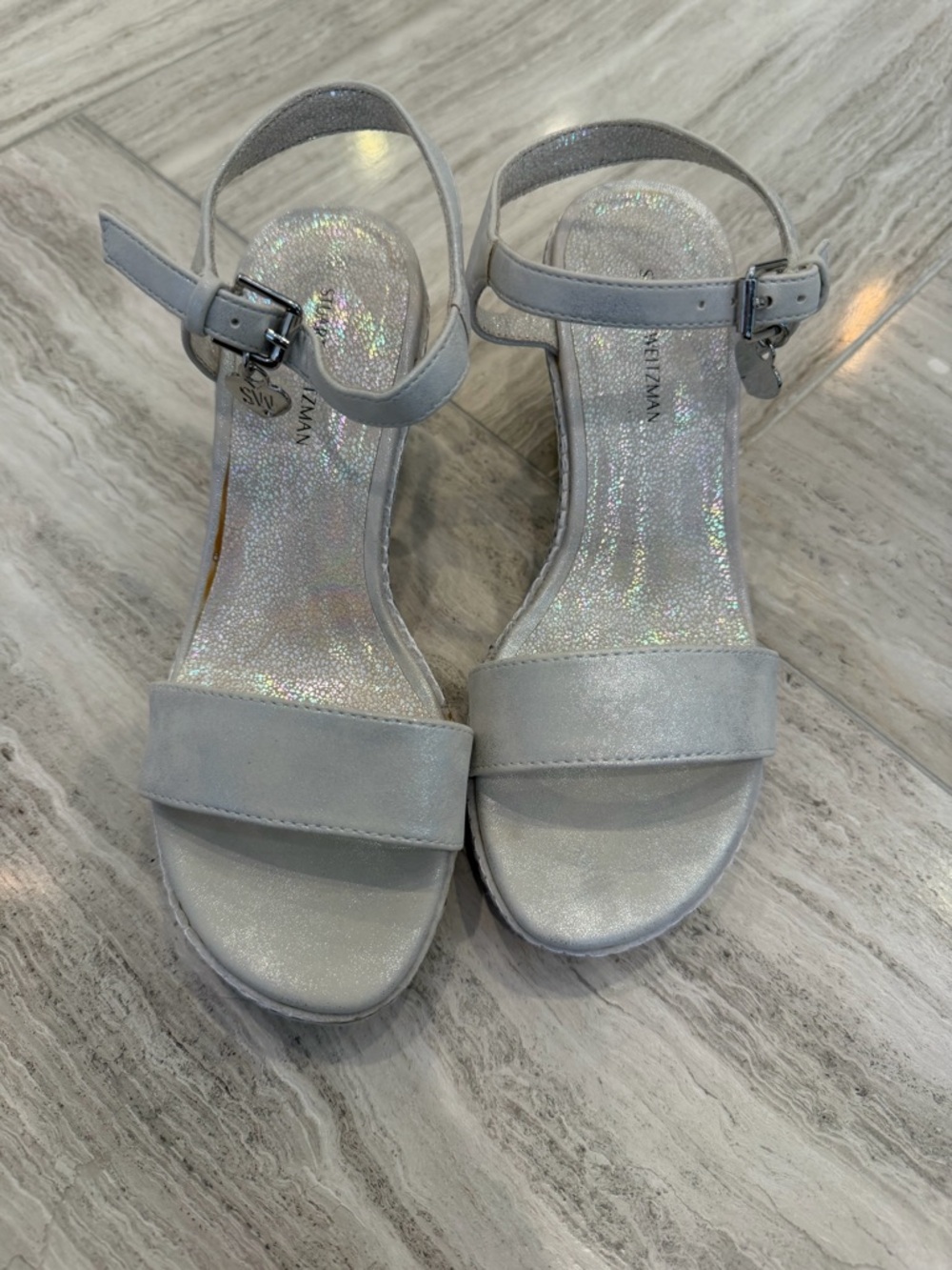 Girls Stuart Weitzman Silver Ankle-Strap Sandals Wedge -Silver Size 1